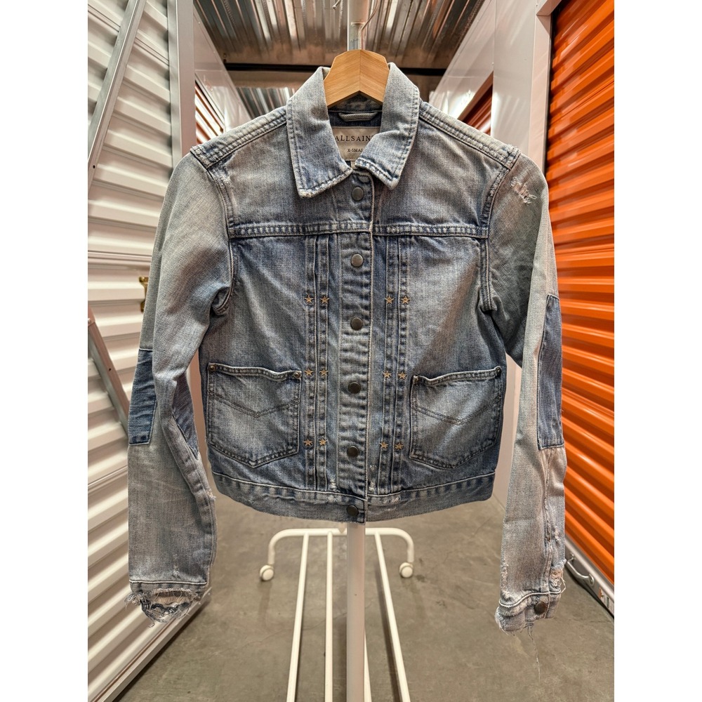AllSaints Womens Star Studded Patchwork XS Distressed Denim Jacket Light Blue